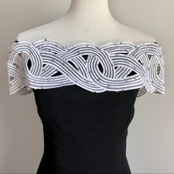 Cocktail Dress Black White Rhinestone Off Shoulder - Picture 3 of 9